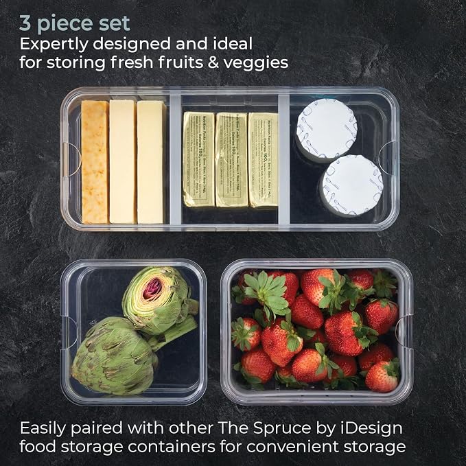 iDesign Crisp 3-Piece Recycled Plastic Refrigerator Organizer Bin Set with Lids, Clear/Gray - Image 3