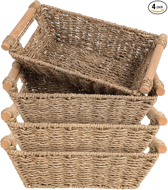 Small Wicker Baskets,small baskets for organizing,wicker storage Basket,small woven basket Seagrass Storage Baskets,Rattan Basket for Shelves Toilet Paper Basket with Handle,4 Pack by OEHID