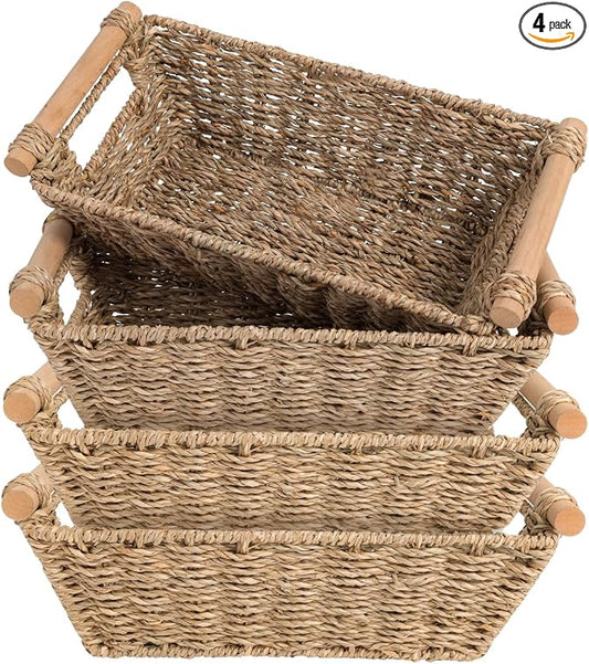 Small Wicker Baskets,small baskets for organizing,wicker storage Basket,small woven basket Seagrass Storage Baskets,Rattan Basket for Shelves Toilet Paper Basket with Handle,4 Pack by OEHID