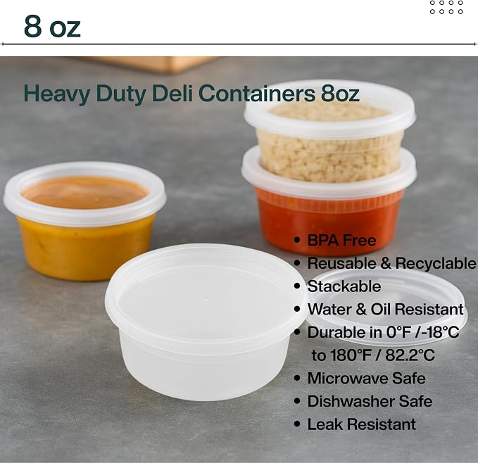 [8oz-100 Sets Plastic Deli Containers with Lids - BPA Free Clear Soup Containers with Airtight Lids, Leak Resistant Food Storage for Meal Prep, Stackable/Microwave/Dishwasher/Freezer Safe - Image 6