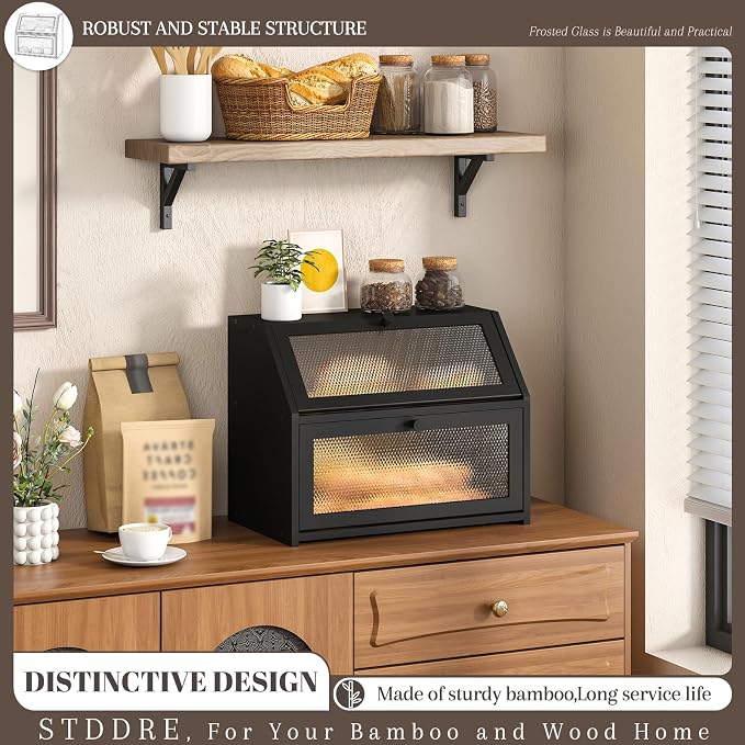 STDDRE Bread Box for Kitchen Countertop Bin Double Layer Bread Box Storage Container Extra Large Capacity Farmhouse with Diamond Pattern Windows (Black, Large) - Image 2