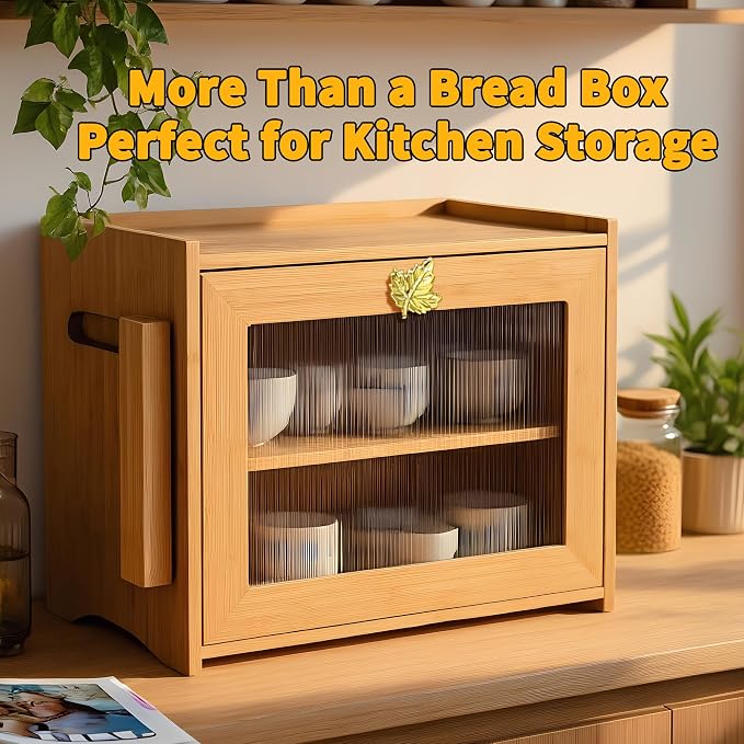 Large Bamboo Bread Box With Tempered Glass Door, Double Layer, Maple Leaf | Double Layer Storage, Countertop Organizer, Bamboo Material, Tempered Glass Door, Large Capacity - Image 6