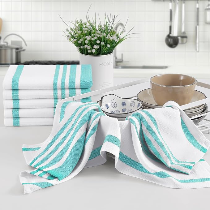 Homaxy Premium Cotton Stripe Kitchen Towels 8 Pack, 18"x 28", Teal | Large 380 GSM Kitchen Hand Towels, Soft Terry Dish Towels, Highly Absorbent Tea Towel Set with Hanging Loop - Image 5