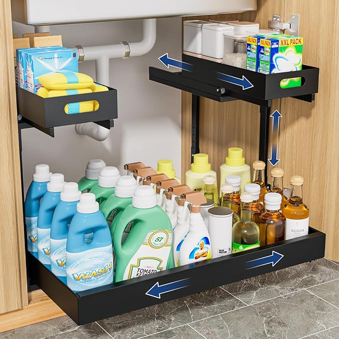 Insputer Upgrade Expandable Under Sink Organizer, 2 Tier Metal Under Cabinet Storage with 3 Slide Rails, Height Adjustable, Thickened Pull Out Drawer Shelf for Bathroom, Kitchen, Laundry, Pantry by Insputer