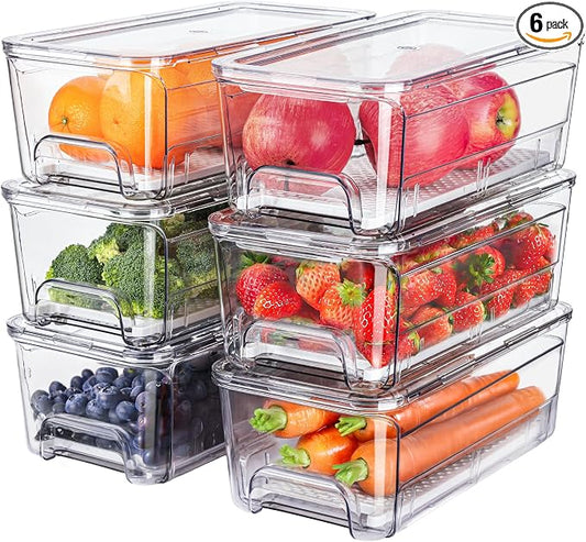 6-Pack Fridge Drawer Organizer, Pull-out Stackable Refrigerator Organizers and Storage, Clear Fruit Storage Containers Bins with Drain Tray for Kitchen Cabinet, Pantry Organization by Brippo