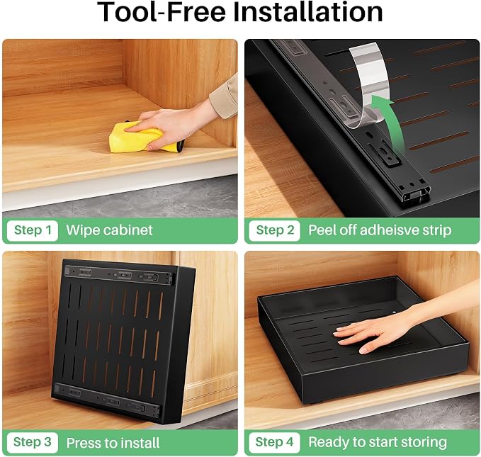 4 Pack Pull out Cabinet Organizer, 21"Deep, Heavy Duty Full-extension Slide out Drawers for Kitchen Cabinet, Roll out Shelf Storage with Nano Adhesive for Pots, Bathroom, Pantry, Home, Black - Image 7