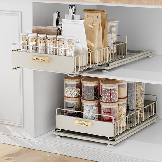 Under Sink Organizer, 2 Pack Pull Out Kitchen Cabinet Organizer, Mute Slide-Out Under Sink Organizers and Storage, Metal Kitchen Bathroom Organizers and Storage Shelves, Grey by HOMEBOSILY