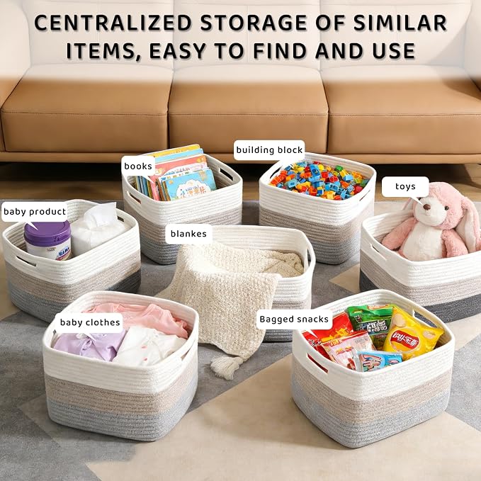 4 Pack Large Storage Baskets for Organizing, 16''Lx12''Wx8''H Woven Baskets for Storage Toys, Towels, Books, and Clothes, Cotton Rope Basket for Shelves with Handle - Image 6