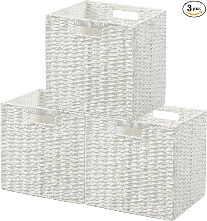 UBBCARE 3 Pack Wicker Basket, 11L×11H×10.5W inch Woven Paper Rope Storage Baskets for Shelves, Foldable Cube Storage bin with Handle, Storage Basket for Organizing & Decor, White by UBBCARE