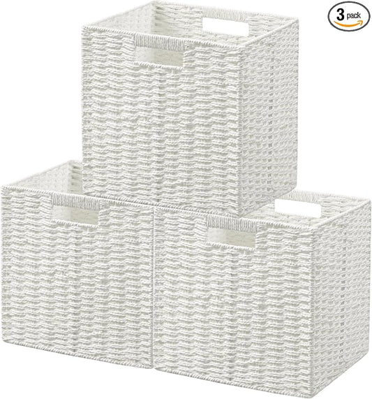 UBBCARE 3 Pack Wicker Basket, 11L×11H×10.5W inch Woven Paper Rope Storage Baskets for Shelves, Foldable Cube Storage bin with Handle, Storage Basket for Organizing & Decor, White by UBBCARE