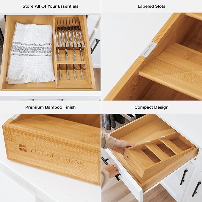 Slanted Cutlery & Flatware Organizer, Bamboo | 3-compartment slanted design, labeled slots, non-slip feet, sustainable bamboo - Image 3