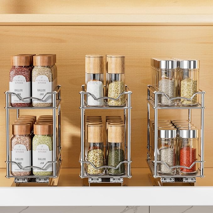 MUDEELA 2 Pack Pull Out Spice Rack for Inside Cabinet, 2 Tier Chrome Spice Organization for Cabinet, Vertical Sliding Out Spice Rack Organizer for Seasoning, 10.4''D×4.8''W×9.3''H - Image 8