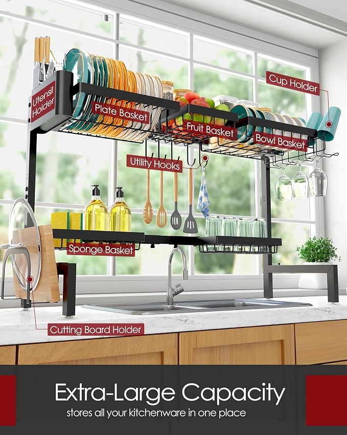 Sakugi Over The Sink Dish Drying Rack - Adjustable 2 Tier X-Large Capacity Stainless Steel Drainer with Cutlery & Utensil Holders, Kitchen Storage & Organization, 32"-39.5" L x 12" W x 25" H, Black - Image 2