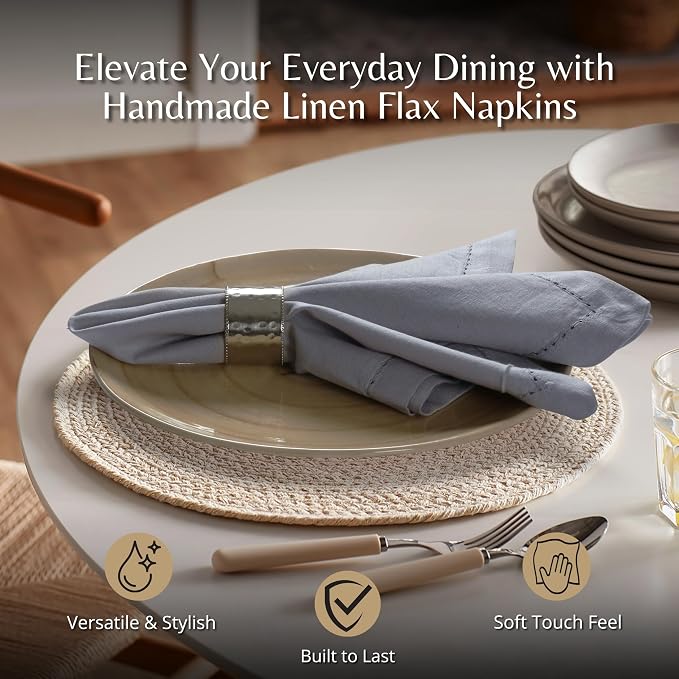 Ramanta Home Grey Cloth Dinner Napkin Set of 12-18x18 Inch | Cotton Linen Flax Hemstitched Napkins Washable for Everyday Use - Image 2