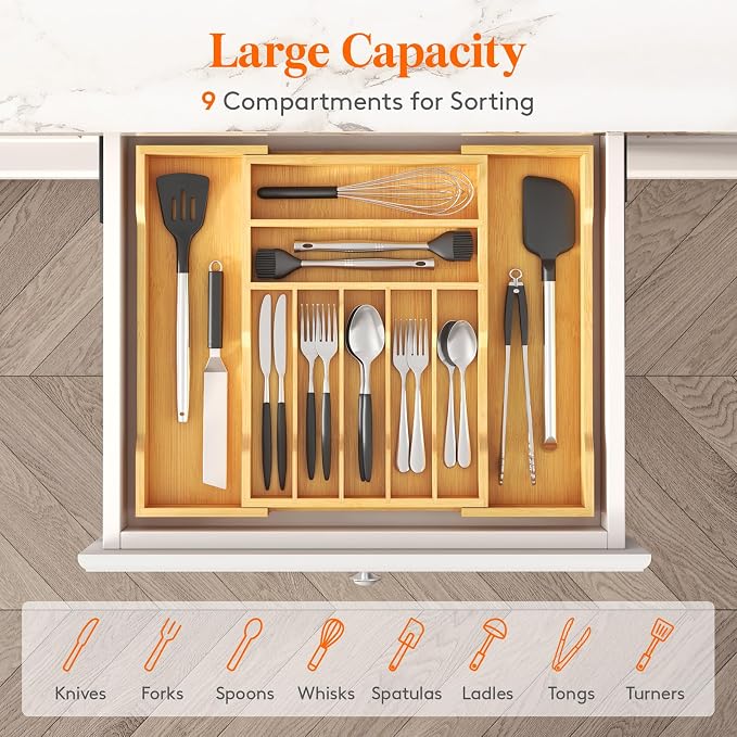 Lifewit Silverware Drawer Organizer, Wooden Utensil Tray for Kitchen | Expandable Flatware and Cutlery Holder, Adjustable Storage for Spoons Forks Knives, 12-21 x 17", Natural - Image 4
