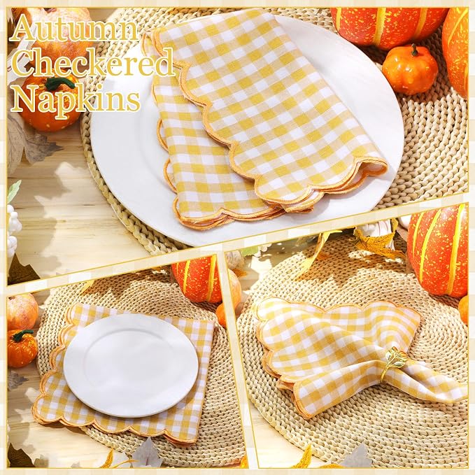 SmoothNovelty 12 Pack Buffalo Plaid Cloth Napkins 18x18 Inch Checkered Cloth Napkins Scalloped Soft Cotton Table Mat Washable Reusable for Dinner Wedding Holiday Birthday Parties (Classic,Yellow) - Image 3