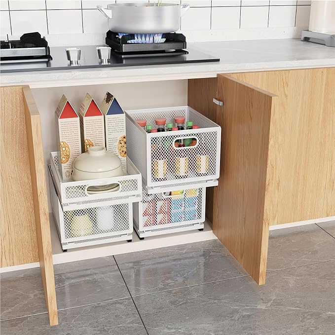 Pull Out Cabinet Organizer, Slide Out Drawers Fixed with Adhesive Nano Film, Pantry Shelves Sliding Drawer Storage Organization for Kitchen (Double Layer 15.7 * 9.4 * 10inch/40 * 24 * 25.5cm) - Image 4