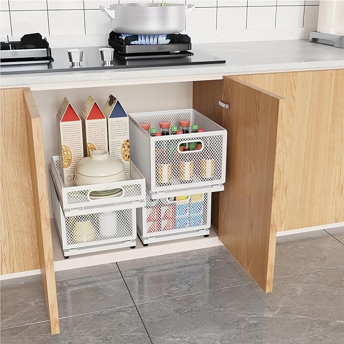 Pull Out Cabinet Organizer, Slide Out Drawers Fixed with Adhesive Nano Film, Pantry Shelves Sliding Drawer Storage Organization for Kitchen (Double Layer 15.7*9.4*12.28inch/40*24*31.2cm) - Image 2