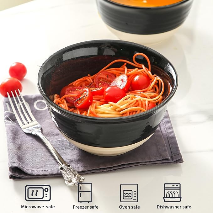 HASENSE Large Ceramic Soup Bowls Set of 4, 40 Oz Gloss Black Beige Stackable Stoneware Bowls, Farmhouse Bowls for Salad, Pasta, Ramen & Pho, Dishwasher & Microwave Safe - Image 7