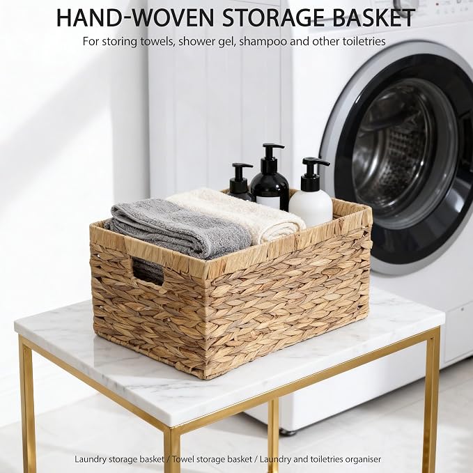 Woven Natural Water hyacinth basket Rectangular organizer basket with Handle for Desktop, Bathroom, Entryway,Kingwillow.(Small) - Image 2
