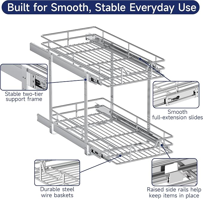 2-Tier Pull Out Cabinet Organizer, 12.5" W x 21.5" D, Heavy Duty Dual Slide Out Shelves for Narrow Base Cabinets, Chrome Wire Basket Drawer for Spices, Bottles & Snacks - Image 5
