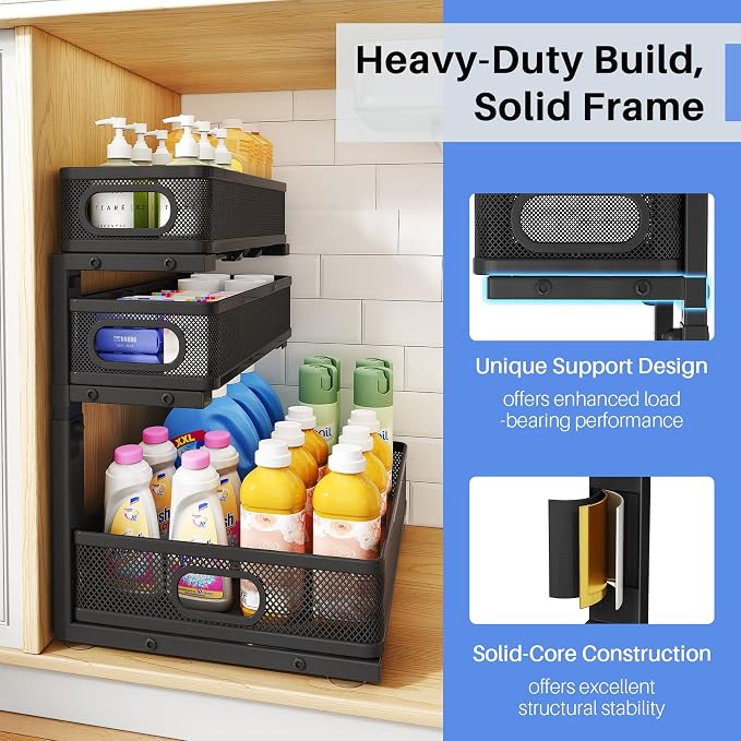 Under Sink Organizer, 3-Tier Thickened Metal Pull out Cabinet Organizer Shelf, Height Adjustable Slide out Storage Drawer Rack for Kitchen Bathroom Pantry Laundry Home Organization, 2-Pack, Black | 35% More Storage Capacity, Carbon Steel, Hold Up 55lbs... - Image 5