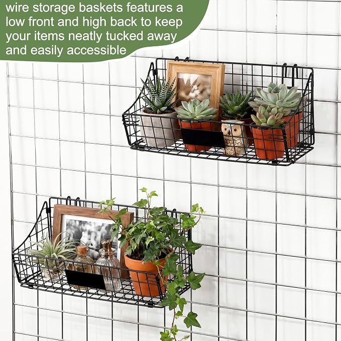Blulu 4 Pcs Black Grid Wall Baskets, Metal Wire Wall Basket with Hooks Hanging Storage Organization Accessory for Vendor Trade Shows Kitchen Bathroom Pantry Supplies(15 x 7 x 6 Inch) - Image 6