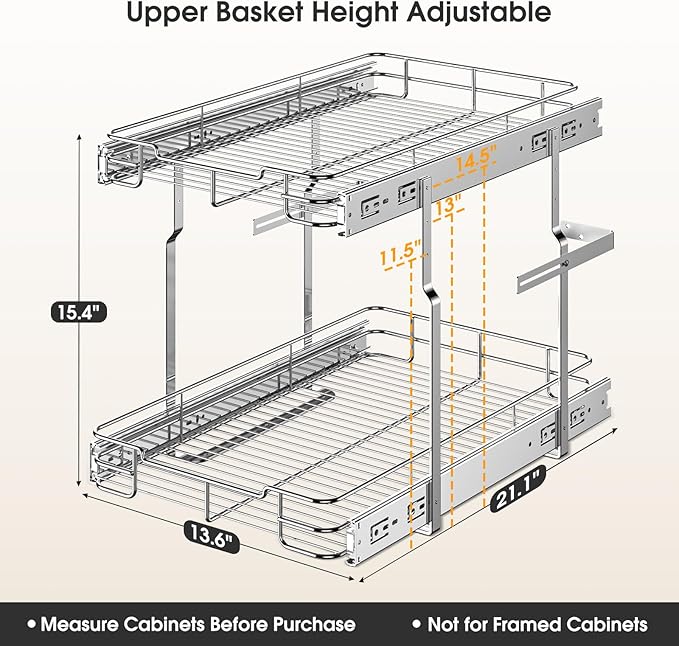 Delamu Pull Out Cabinet Organizer 2-Tier 14" W x 21" D Heavy Duty Chrome-Plated Slide Out Drawers, Kitchen Drawer Organizer Pull Out Shelves for Pots & Pans, Home Pantry Cans & Spices, Silver - Image 3