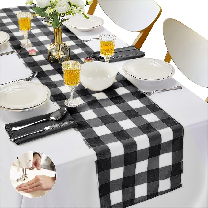 Cupuamon Fabric Checkered Table Runner 12 Pack Waterproof Gingham Table Runner 14W x 108L Buffalo Check Table Runners for Parties Kitchen Dining Wedding Banquet (Black and White) by Cupuamon