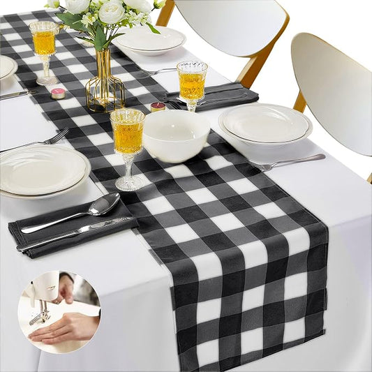 Cupuamon Fabric Checkered Table Runner 12 Pack Waterproof Gingham Table Runner 14W x 108L Buffalo Check Table Runners for Parties Kitchen Dining Wedding Banquet (Black and White) by Cupuamon