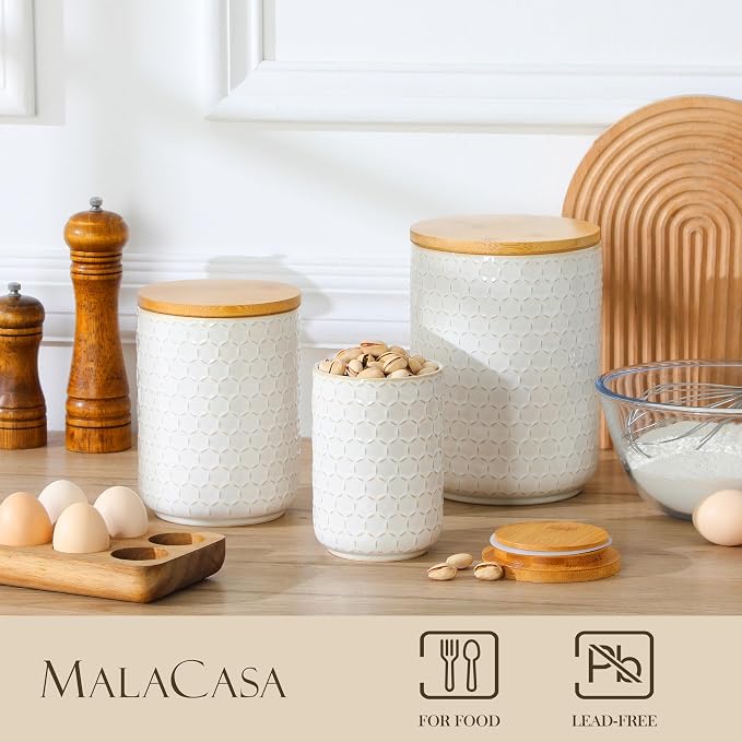 MALACASA LYDIA Ceramic Canisters Set with Airtight Lids, 80/40/20 oz Coffee Canisters Sets for the Kitchen, Large Jars for Flour, Sugar, Pasta, Coffee, Cookies, Tea - Set of 3, Hexagon - Image 4