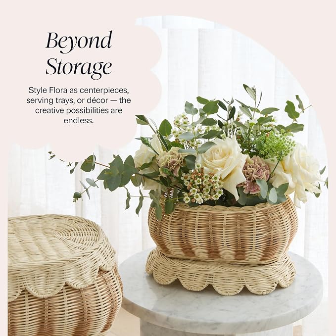 BEBE BASK The Original Scalloped Basket with Lid - Set of 2 (15x11x6 In) | Award Winner, Hand-Woven Rattan Scalloped Wicker Basket with Lid, Storage Baskets with Lids for Organizing, Scallop Basket - Image 7