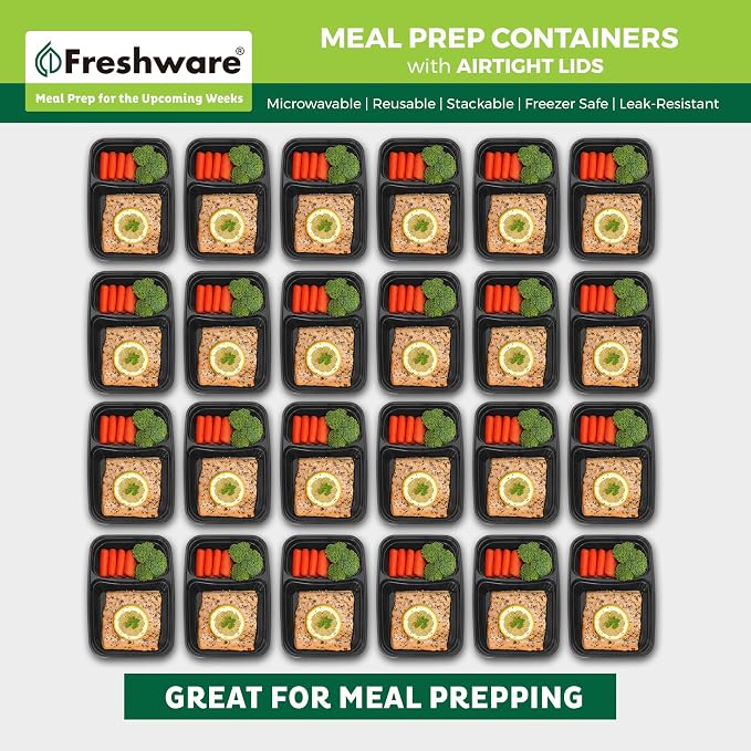 Freshware Meal Prep Containers with Lids 28 oz [50 Pack] 2-Compartment Food Storage Containers, Bento Box Lunch Containers, BPA Free, Airtight, Stackable, Reusable, Microwave/Dishwasher/Freezer Safe - Image 3
