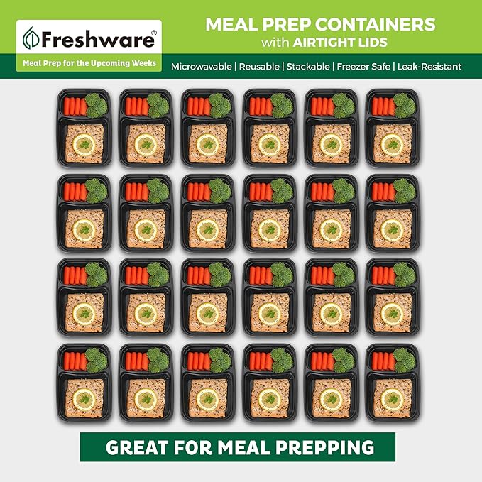 Freshware Meal Prep Containers with Lids 28 oz [50 Pack] 2-Compartment Food Storage Containers, Bento Box Lunch Containers, BPA Free, Airtight, Stackable, Reusable, Microwave/Dishwasher/Freezer Safe - Image 3