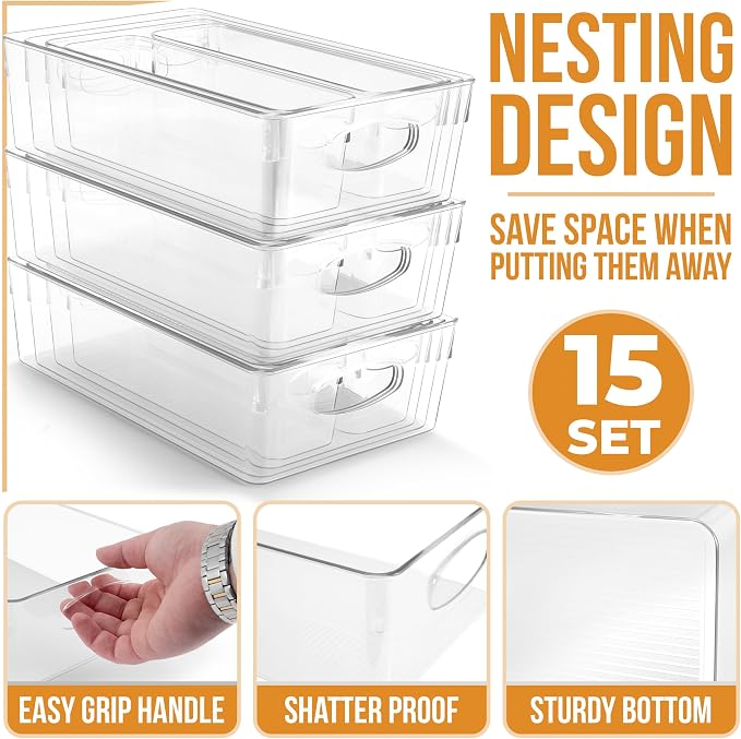 Sorbus Clear Plastic Storage Bins for Organizing, 15 Pack Clear Organizer Bins with Handles, Plastic Storage Bins for Closet, Pantry, Fridge, Medicine Cabinet Organizer, Shelves, Freezer, Drawer - Image 2