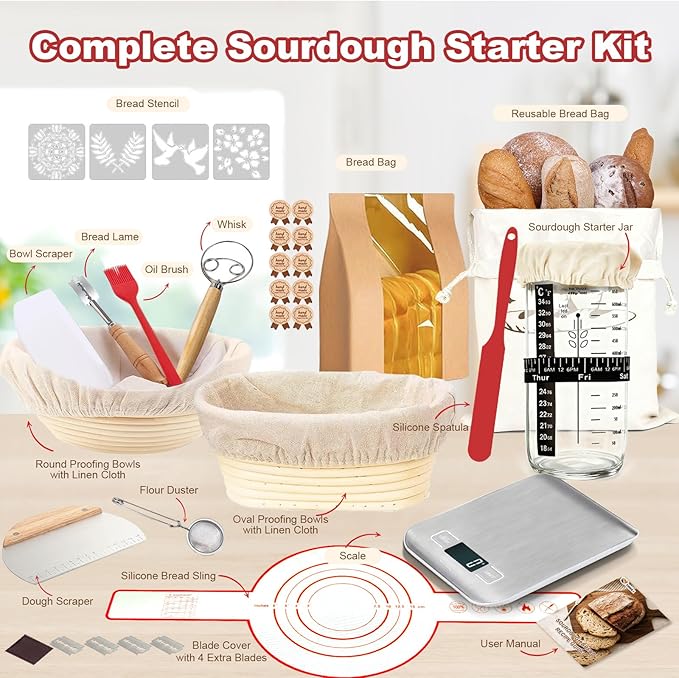 Sourdough Starter Kit with Scale, Glass Jar, Banneton Bread Proofing Basket | Complete Sourdough Bread Baking Supplies, Sour Dough Making Essentials Tools, Gift for Bakers Beiginner, Women, Wife, Mom - Image 2