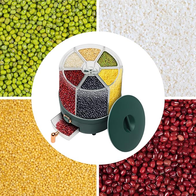 360° Rotating Grain Dispenser With 6 Grids, 13.2lbs Large Capacity Grain Dispenser Rotating Kitchen Storage Containers With Sealed Lid For Peanut Barley Millet And Cereal (Green, 14.3 lbs) - Image 5