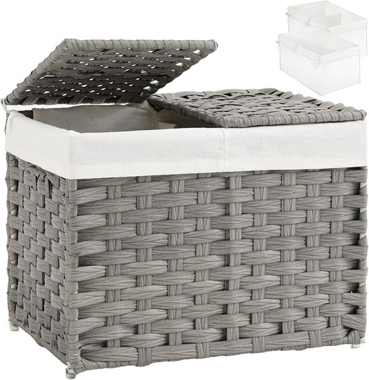 SETVSON Storage Basket with Lid, 9.2 Gal PE Rattan Trunk, Gray | Decorative PE Rattan Furniture Look for Bedroom, 2 Separate Lids, 2 Liners with Divider for Apparel & Essentials by SETVSON