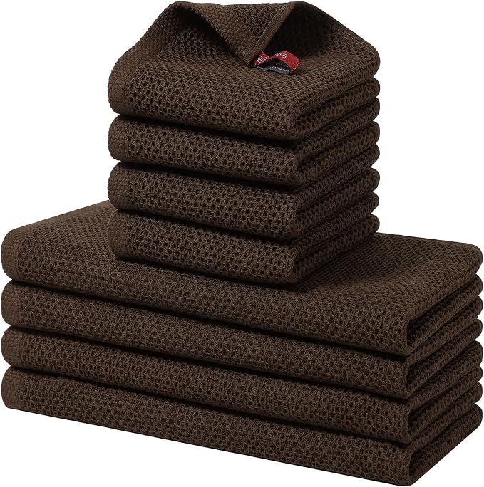Homaxy 8 Pack 100% Cotton Kitchen Towels and Dishcloths Set, Dark Brown | 12 x 12 Inches and 13 x 28 Inches Kitchen Towels Set, Ultra Soft Absorbent Dish Cloths for Washing Dishes by Homaxy
