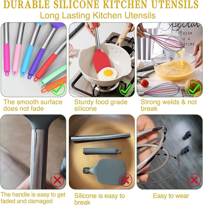Umite Chef Kitchen Utensils Set, 15 pcs Silicone Cooking Kitchen Utensils Set, Non-stick Silicone Stainless Steel Handle Turner Spatula Spoon Tongs Whisk Cookware - Colorful - Image 7