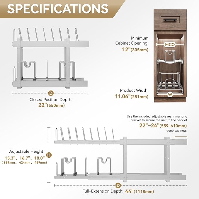 2-Tier Pots and Pans Organizer Under Cabinet Kitchen 12" W *22" D | Pull out Cabinet Organizer for Pots, Pans, and Lid Cookware, Adjustable Heavy Duty Wire Pan and Pot Rack, Full-Extension Rail - Image 2