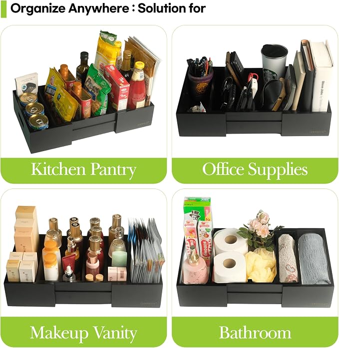 CLEANCLUE Expandable Kitchen Cabinet Organizer for Food Storage Container Lids, Bamboo Drawer Caddy Adjustable Dividers, Box for Kitchen Storage and Organization, Lids Organizer for Cabinet (Black) - Image 5