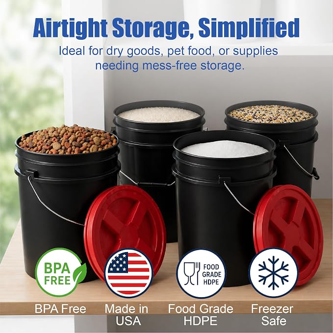 5 Gallon Bucket - Food Grade w/Lid BPA-Free, Black/Red, 3 | Airtight Gamma Seal Screw-On Lid, Heavy-Duty 90 Mil HDPE Plastic, Food Safe and Durable Container, Bulk Storage, Made in USA - Image 2