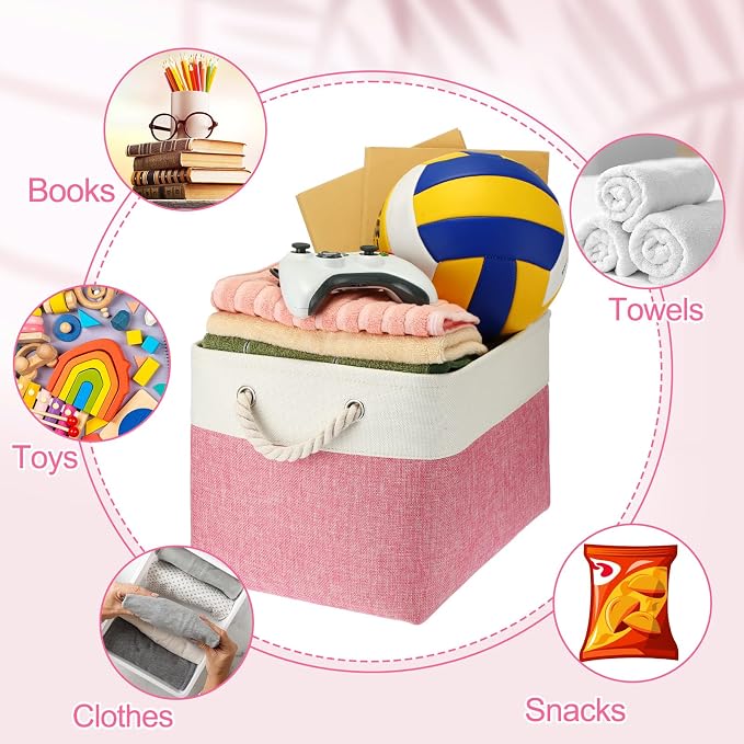 meekoo 8 Pack Collapsible Storage Bins Fabric Storage Bins Polyester Fabric Baskets with Handles Linen Closet Organizer for Shelf Home Closet Towels Toys(15 x 11 x 9.5 in,Pink White) - Image 7
