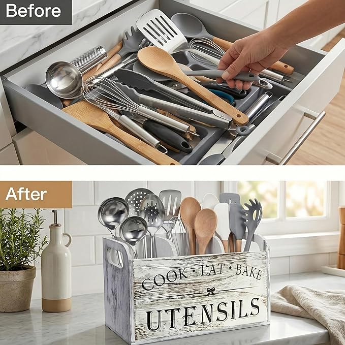 Rustic White Wooden Utensil Holder for Kitchen Counter Decor,Extra Large Kitchen Utensil Holder Silverware Caddy Farmhouse Wood Cutlery Holder Cooking Utensil Stand Storage kitchen Tools Holder - Image 3
