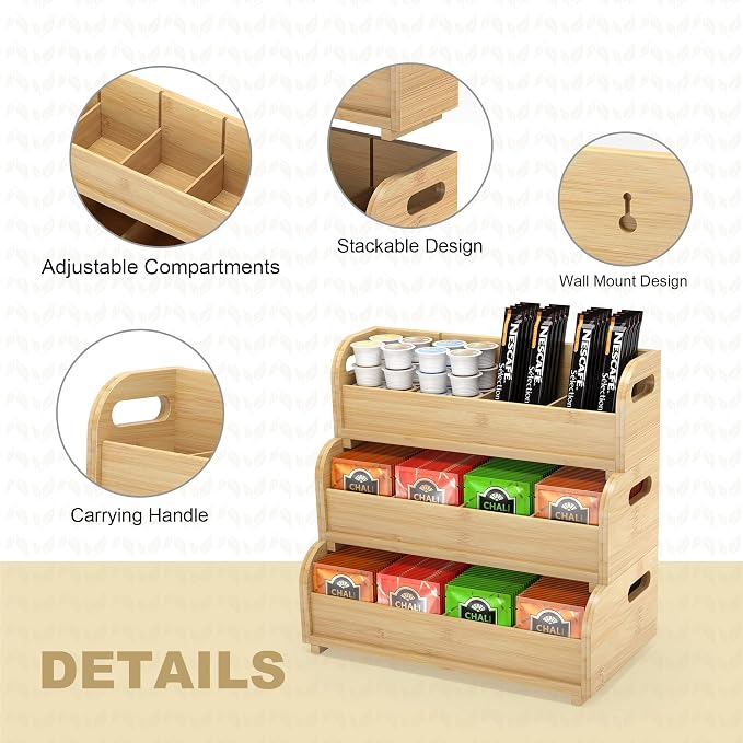 3-Tier Bamboo Tea Bag Organizer, Stackable Tea Holder for Countertop | Tea Box Rack with Removable Dividers, Wall Mount Large Capacity for Pantry Drawer Cabinet Kitchen Office Coffee Station - Image 3