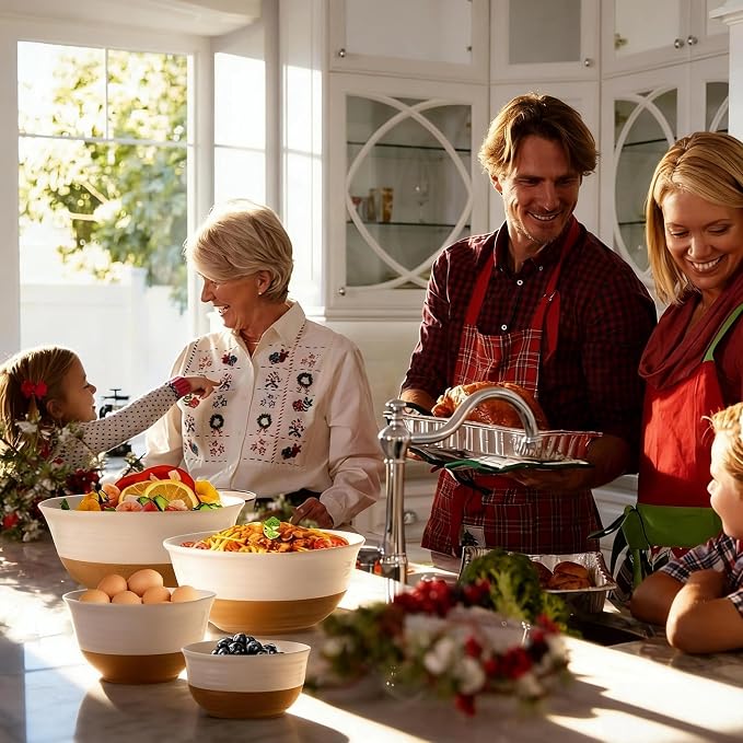 HASENSE Ceramic Serving Bowls Set of 4, 2.1/1.5/1.0/0.5 Qt White & Terracotta Stoneware Mixing Bowls, Farmhouse Bowls for Cooking, Prepping, Salad & Soup, Dishwasher & Microwave Safe, Serving Dishes - Image 2