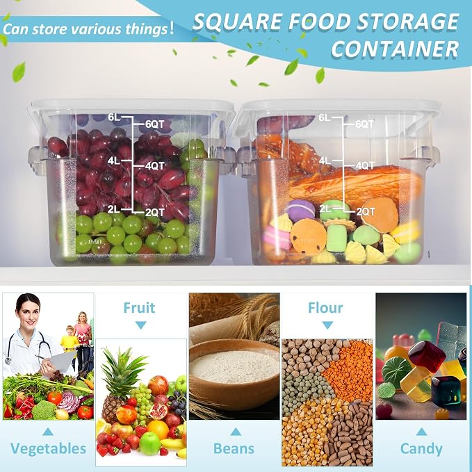 Yungyan 12 Pcs 6 Qt Commercial Food Storage Containers with white Lids Restaurant Square Airtight Food Storage Containers Clear Cereal Container for Kitchen Freezer Dishwasher Pantry - Image 6