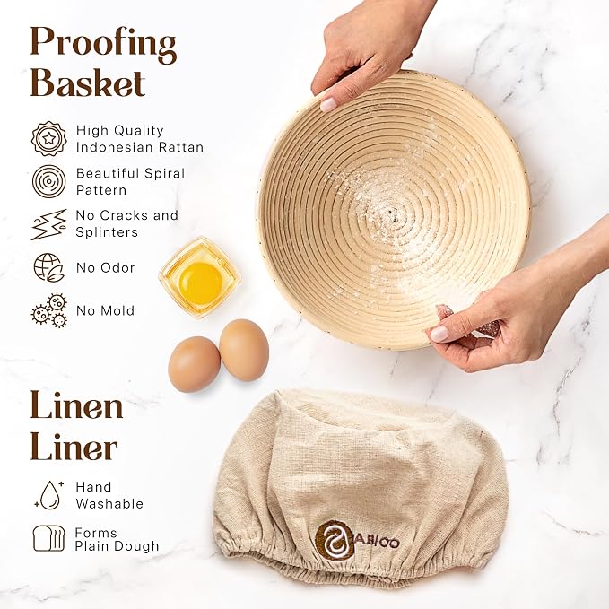 ABIOTO Sourdough Starter Kit with Banneton Bread Proofing Basket, 21 Pieces | Sourdough Tools for Home Bakers - Round Rattan Basket with Liner & Sling, Dough Mat, Jar, Lame, Whisk, Dough & Bowl Scrapers - Image 6