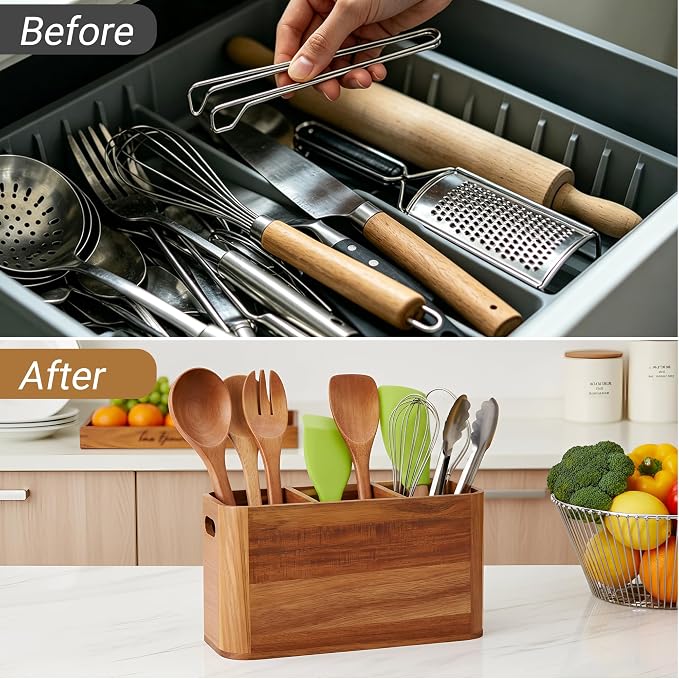 2PC Wooden Kitchen Utensil Holder for Countertop - Wall-mountable Large 4+3 Compartment Acacia Wood Organizer, Rustic Minimalist Utensil Crock for Cooking Tools and Flatware Storage - Image 6